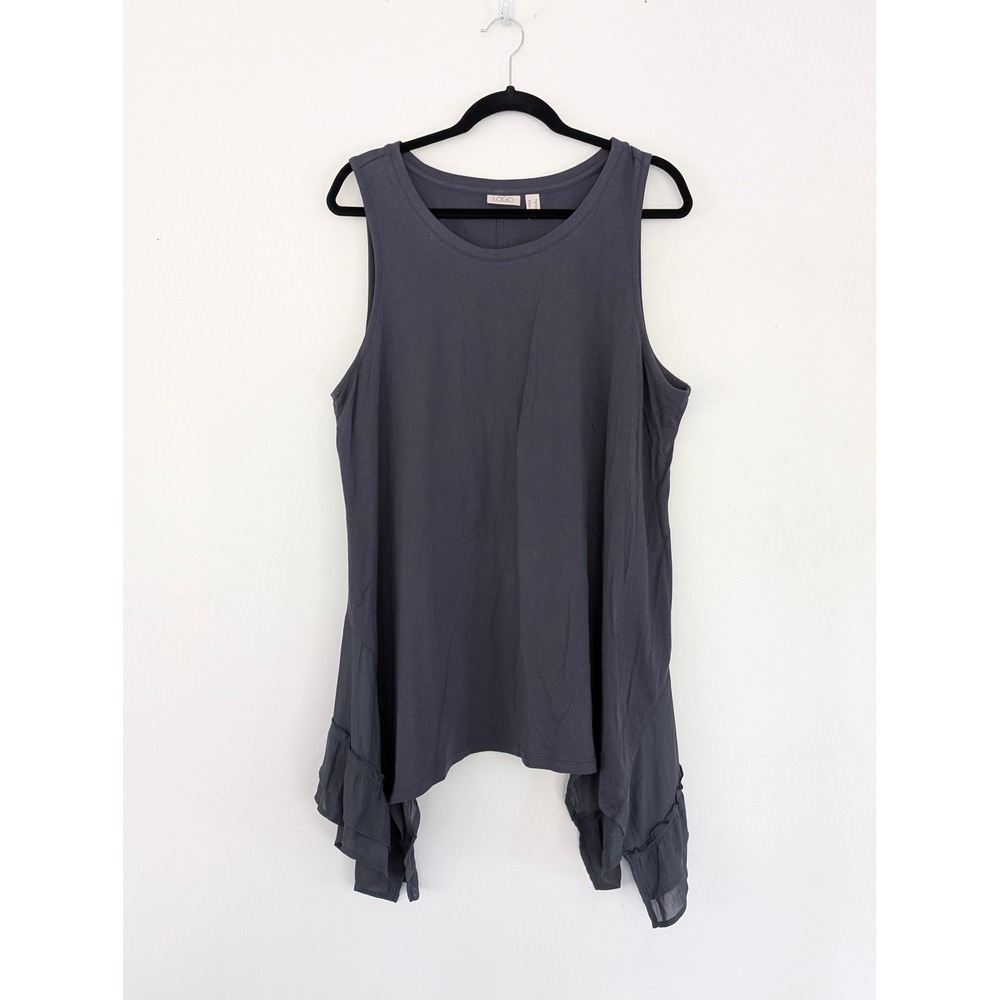 LOGO Lori Goldstein Womens 1X Top Blue Sharkbite Ruffle Hem Sleeveless‎ Tunic